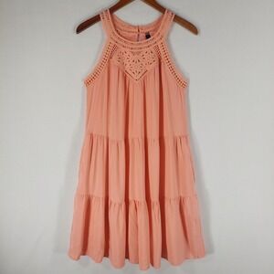 MEROKEETY Crochet Lace Boho Tiered Swing Dress‎ Peach Sleeveless Pockets Beach S